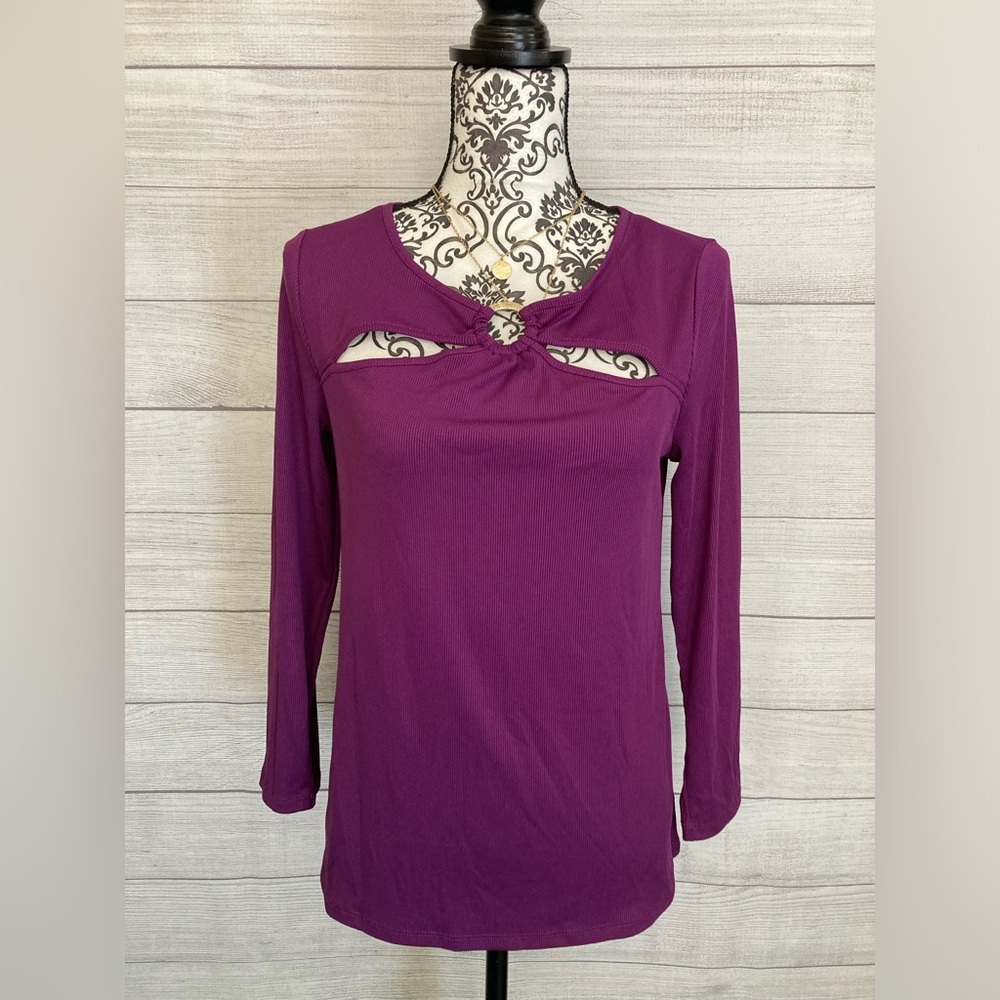 NINE WEST | NWT Purple Cutout Ribbed Long Sleeve Blouse - Picture 2 of 7
